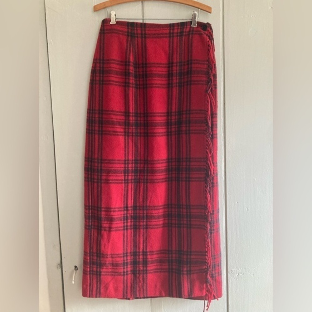 Cambridge County Red Plaid Wrap Skirt Fringe Wool Blend Maxi Midi Size 12 New
